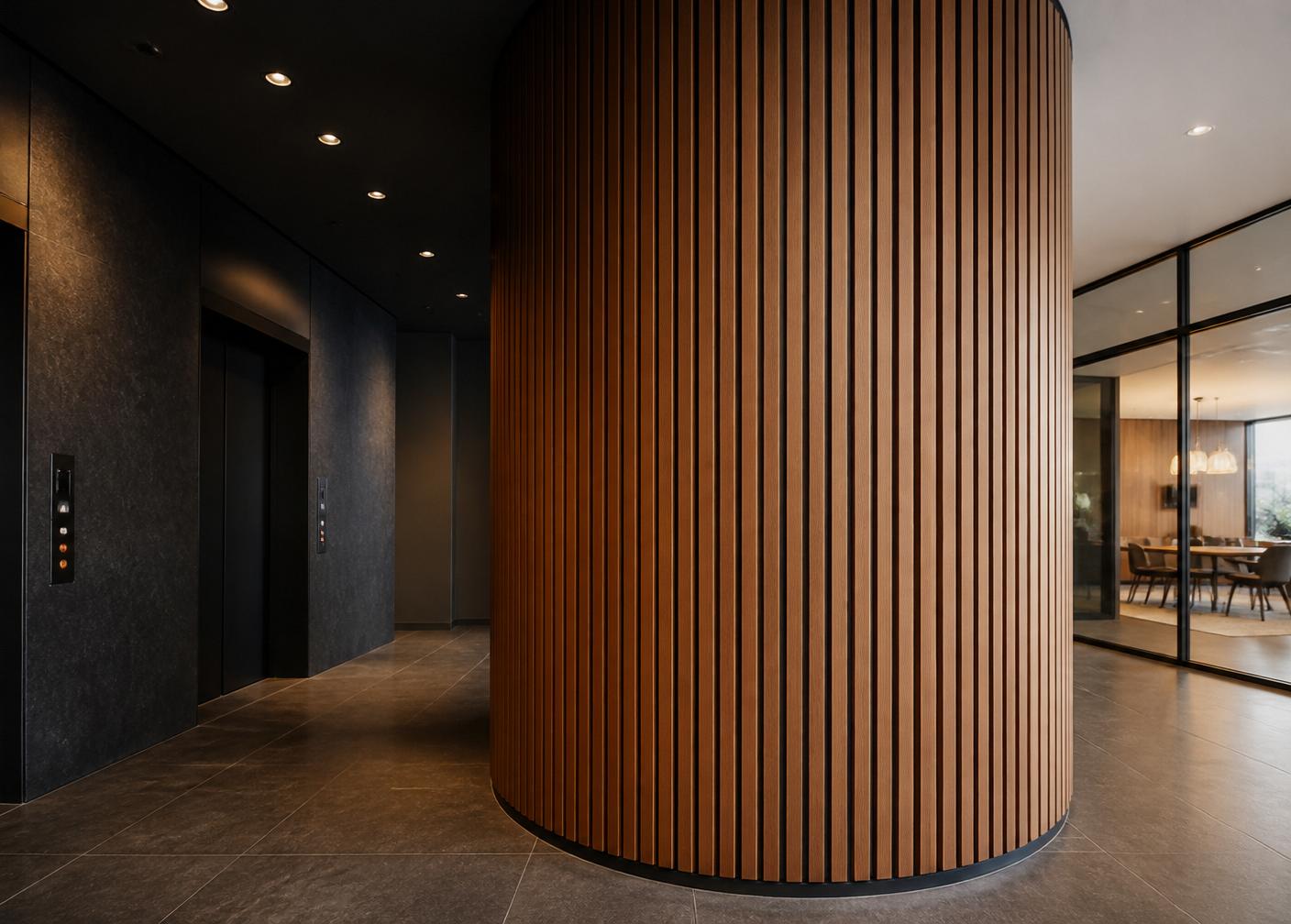 Panneaux muraux acoustiques flexibles finition teck cintrés autour d'une colonne dans un hall