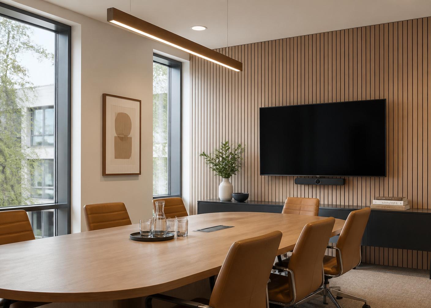 Panneaux muraux acoustiques à lattes de bois chêne Catania 278x60 cm installés dans une salle de réunion